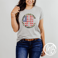 Load image into Gallery viewer, Camo American Flag Monogram Tee | Monogram | Women's Tee | Youth Tee |
