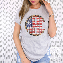 Load image into Gallery viewer, Leopard American Flag Monogram Tee | Monogram | Women's Tee | Youth Tee |