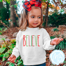 Load image into Gallery viewer, Believe Sweatshirt | Christmas | Toddler | Baby | Girl | Santa |