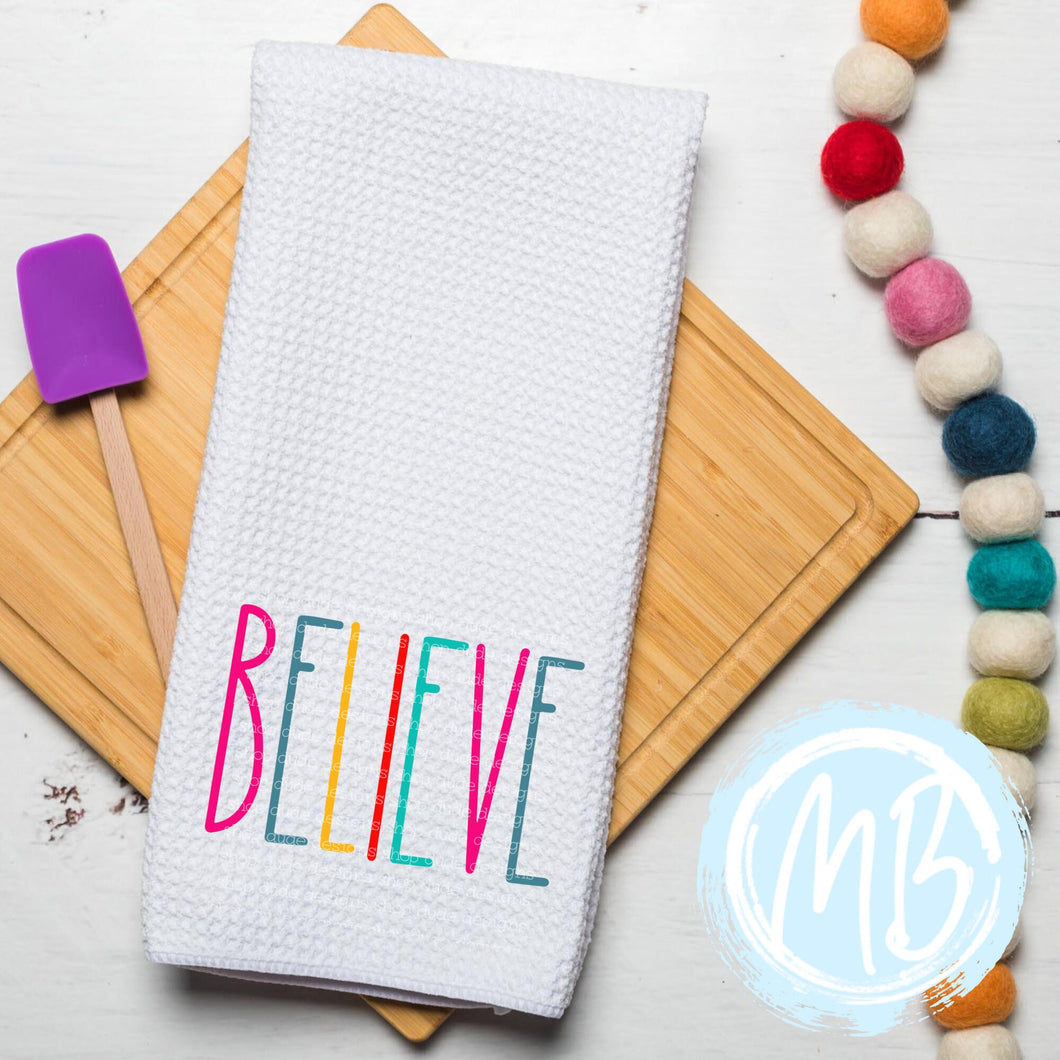 Believe Colorful Tea Towel | Christmas Décor | Kitchen Towel | Hand Towel | Santa |
