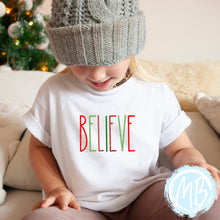 Load image into Gallery viewer, Believe Tee | Christmas | Baby | Girl | Santa |