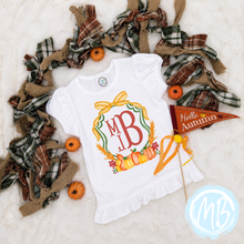 Load image into Gallery viewer, Fall Crest Ruffle Tee – Pumpkin Monogram Shirt

