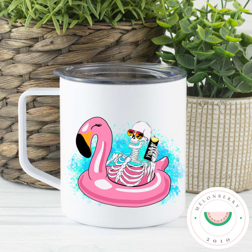 Skelly In Flamingo Float Can Cooler, Tumbler or Travel Mug