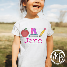 Load image into Gallery viewer, Apple Books &amp; Pencil Trio w/name Tee | School | Toddler Tee | Baby Tee | Girl Tee | Back-To-School |
