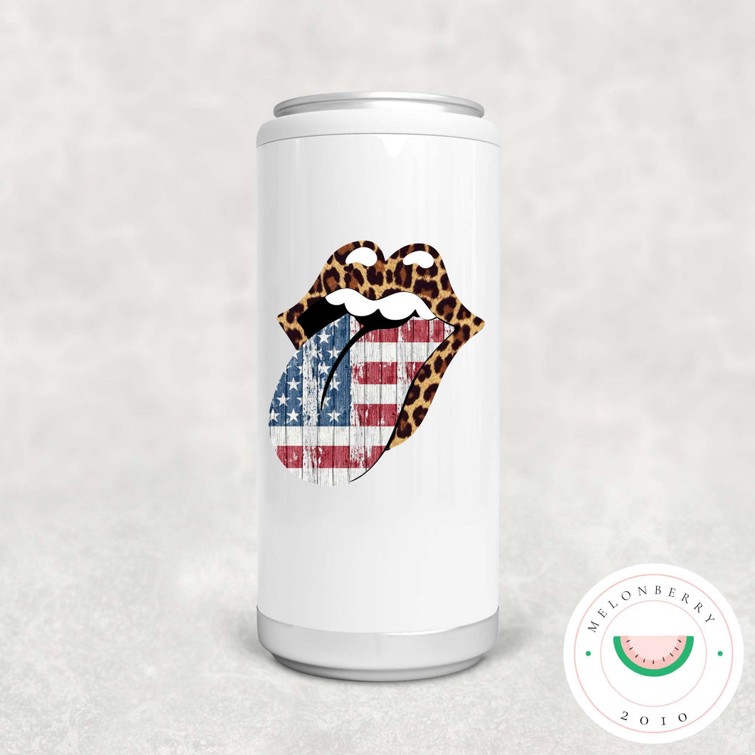 Leopard Lips With Flag Can Cooler, Tumbler or Travel Mug