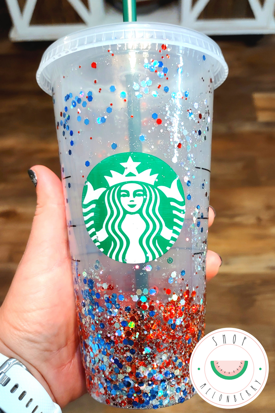 Red, Blue and Silver Glitter Reusable Starbuck Cold Cup