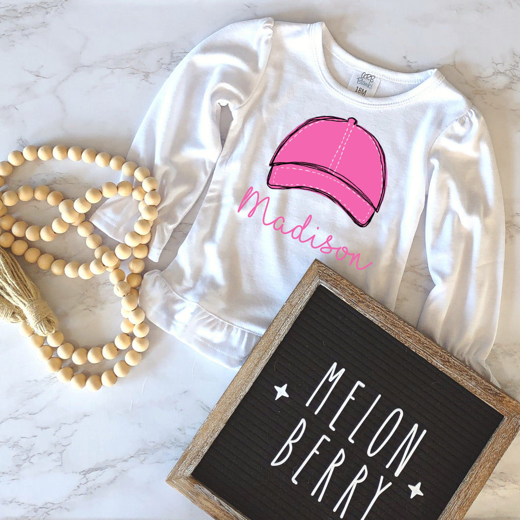 Pink Ballcap with Name Ruffle Tee  | Softball | Toddler| Baby | Girl | Sports |