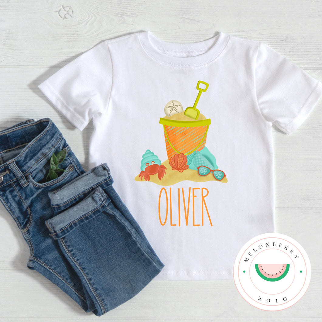 Sand Bucket w/Name Tee or Onesie  | Summer | Toddler | Baby | Boy |