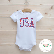 Load image into Gallery viewer, Leopard USA Ruffle Tee  | Patriotic | Toddler | Baby | Girl |
