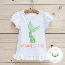 Load image into Gallery viewer, Mermaid Tail w/Name Ruffle Tee  | Summer | Toddler | Baby | Girl | Beach |
