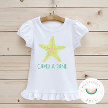 Load image into Gallery viewer, Star Fish w/Name Ruffle Tee  | Summer | Toddler | Baby | Girl | Beach |
