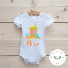 Load image into Gallery viewer, Sand Bucket w/Name Ruffle Tee  | Summer | Toddler | Baby | Girl | Beach |
