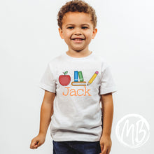 Load image into Gallery viewer, Apple Books &amp; Pencil Trio w/name Tee | School | Toddler Tee | Baby Tee | Boy Tee | Back-To-School |
