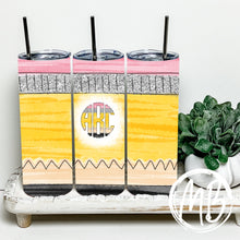 Load image into Gallery viewer, Pencil Monogram w/background | Skinny Tumbler | Can Cooler | Travel Mug | Stainless Steel |
