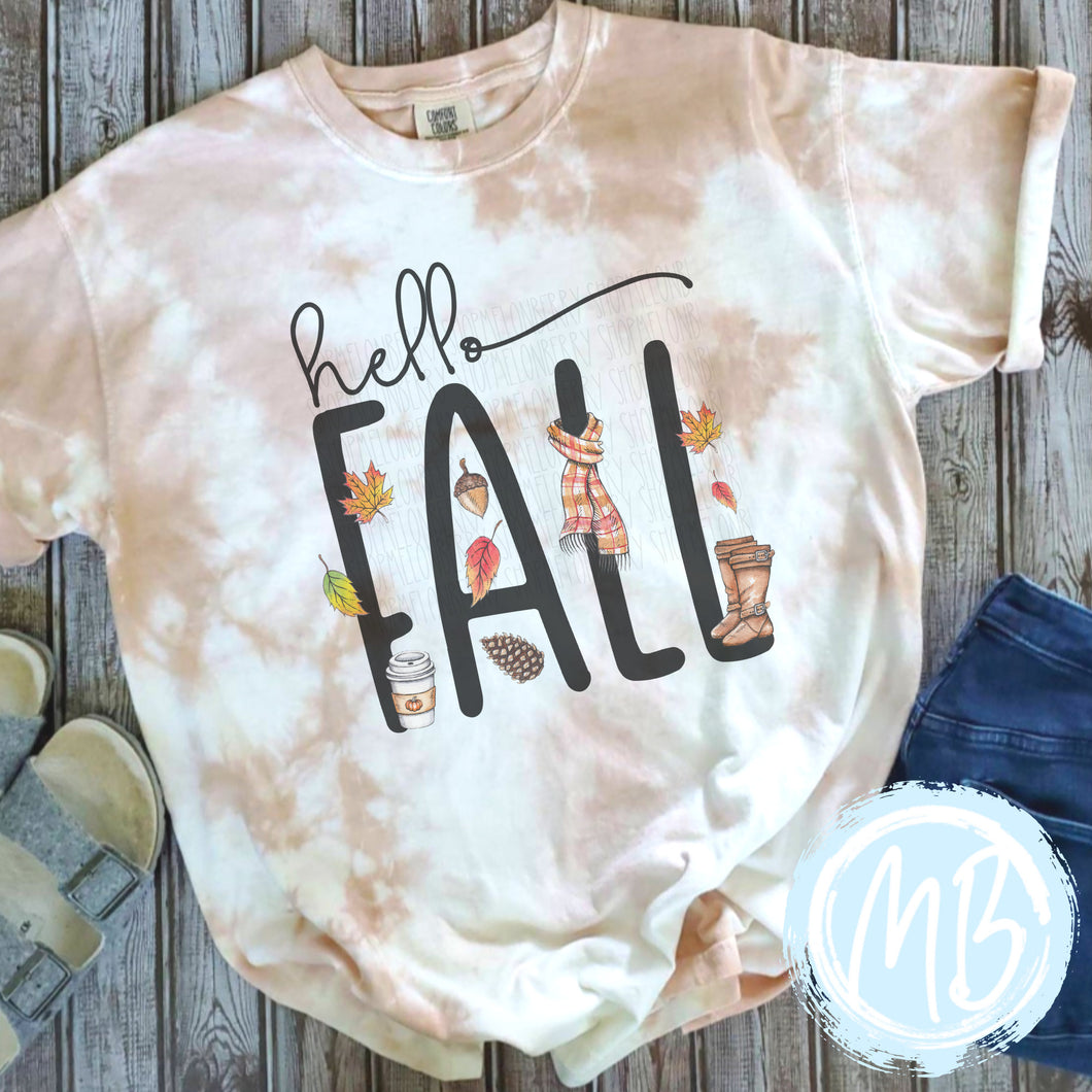 Hello Fall Tie Dye Tee or Sweatshirt | Fall | Pumpkin Spice | Women's Tee | Short Sleeve | Long Sleeve | Sweatshirt |