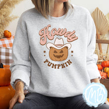 Load image into Gallery viewer, Howdy Pumpkin Sweatshirt | Halloween | Women&#39;s Sweatshirt | Youth Sweatshirt | Fall |
