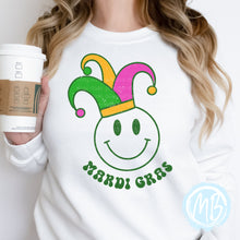 Load image into Gallery viewer, Mardi Gras Smiley Sweatshirt | Mardi Gras | Women&#39;s Sweatshirt | Spring |

