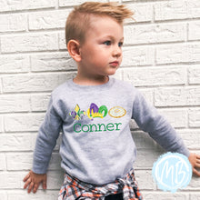 Load image into Gallery viewer, Mardi Trio Sweatshirt | Spring | Toddler | Baby | Boy | Mardi Gras |
