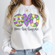 Load image into Gallery viewer, Peace Love Kingcake Sweatshirt | Mardi Gras | Women&#39;s Sweatshirt | Spring |
