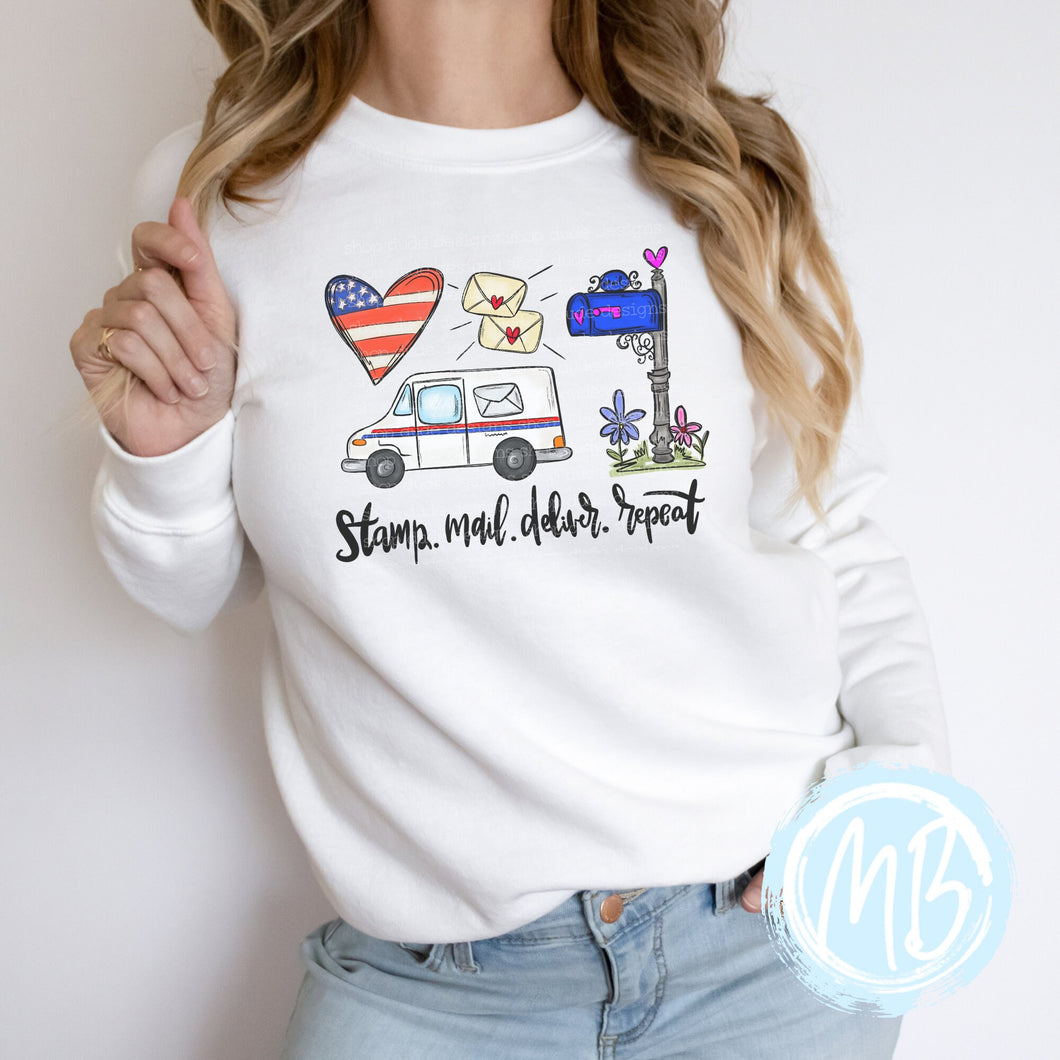 Stamp Mail Deliver Repeat Sweatshirt | Mail | Women's Sweatshirt | Mail Carrier | Postal |