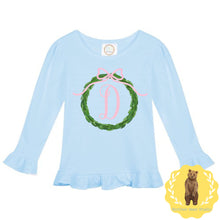 Load image into Gallery viewer, Pink Wreath Ruffle Tee Shirt | Girls | Short Sleeve | Holiday | Long Sleeve |
