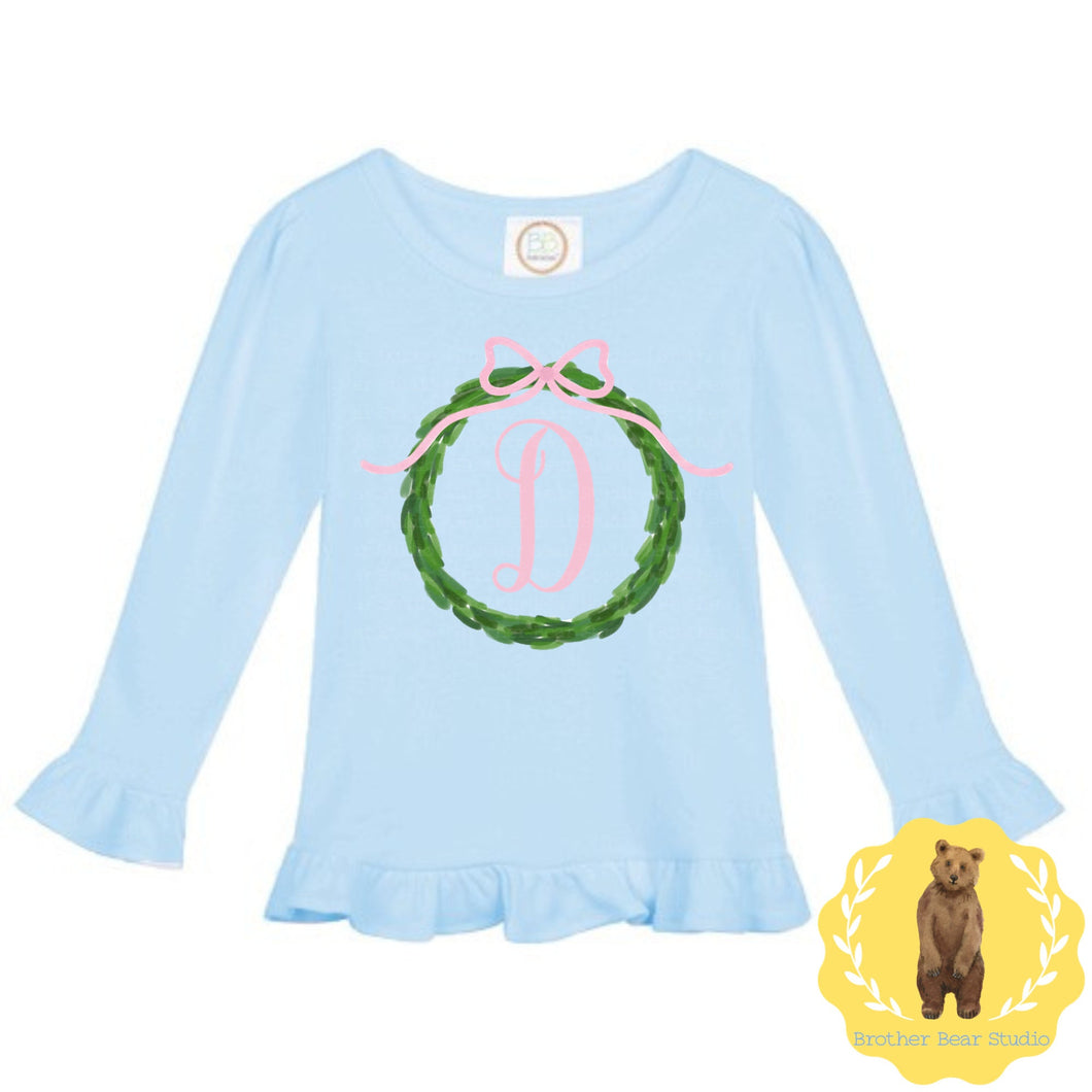 Pink Wreath Ruffle Tee Shirt | Girls | Short Sleeve | Holiday | Long Sleeve |