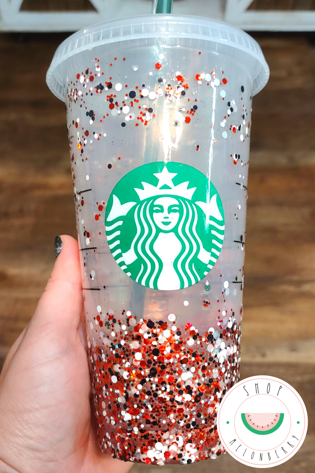 Red, Black and White Glitter Reusable Starbuck Cold Cup